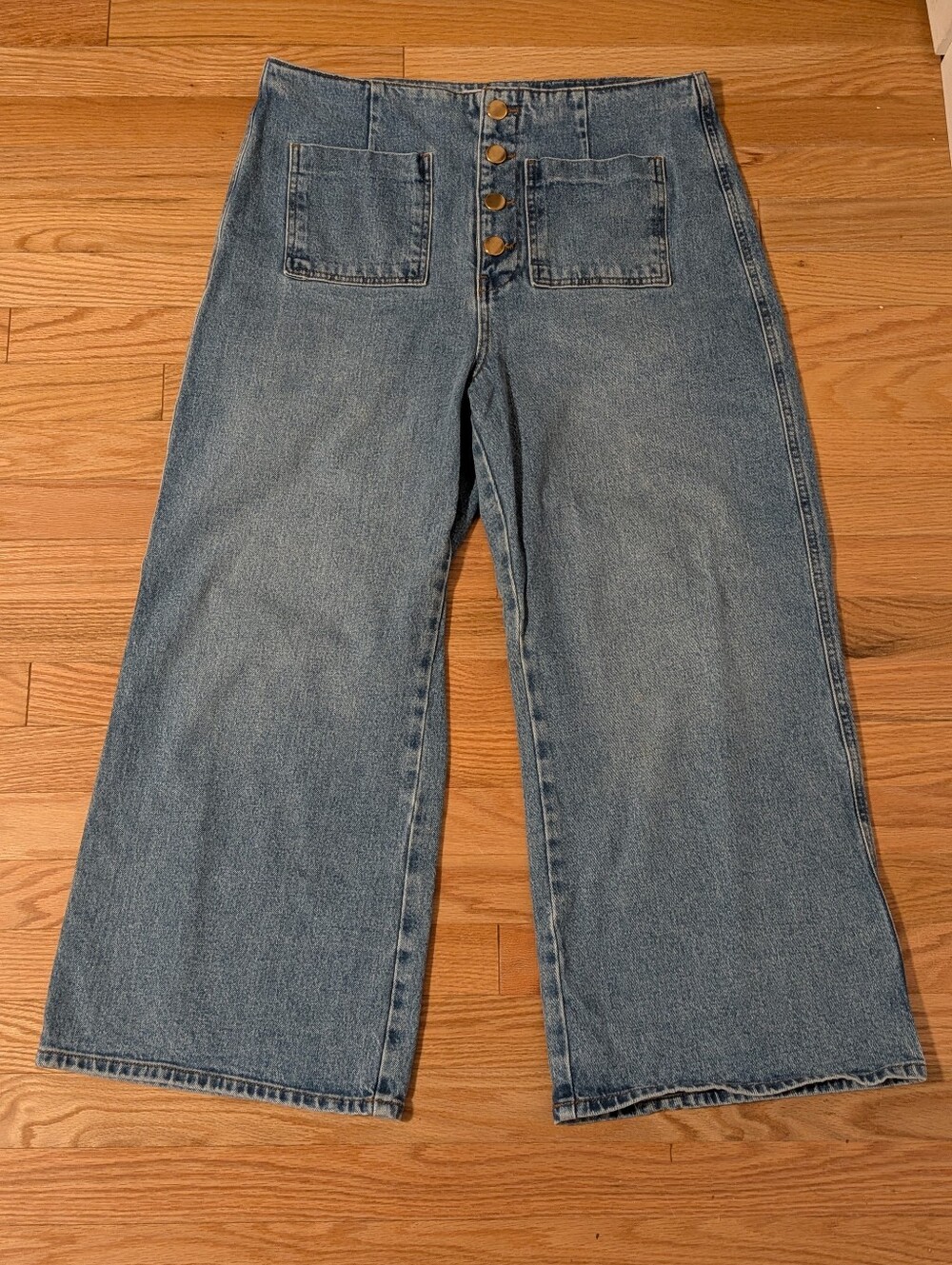 Zara High-Waisted Wide Leg Sailor Jeans with Exposed Gold Buttons | Size 12 (US)